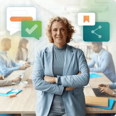 Smiling woman standing confidently with arms crossed in a modern office. Digital icons for communication and sharing appear around her, with coworkers blurred in the background.