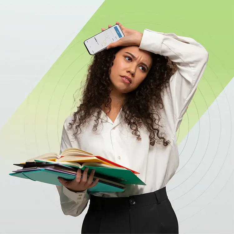 Busy woman stressed holding many books and folders